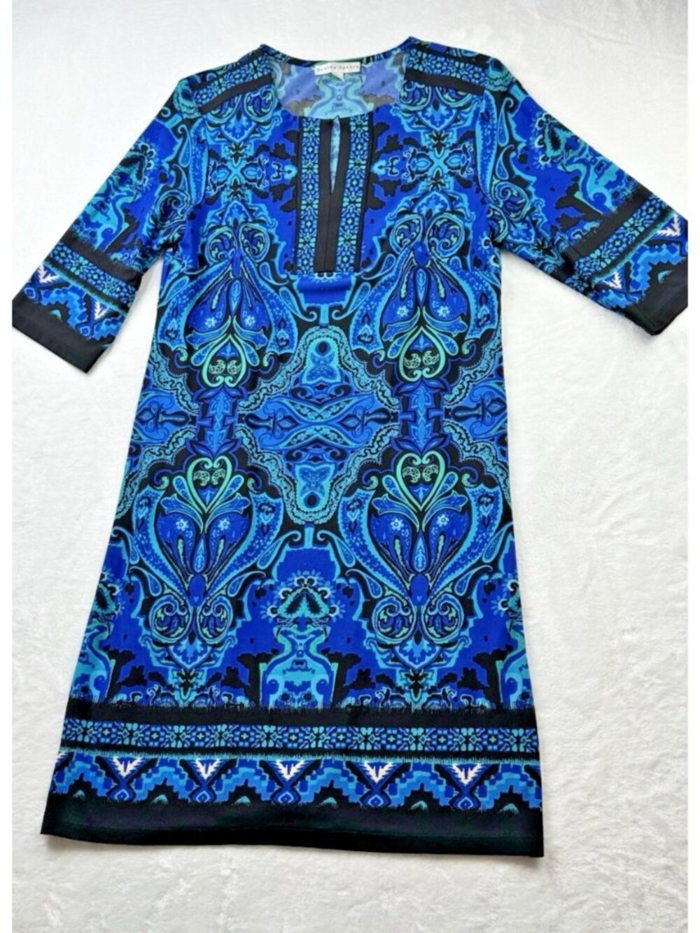 Sandra Darren Size 6 Womens Dress Blue Print 3/4 Sleeve V Neck Tunic Style